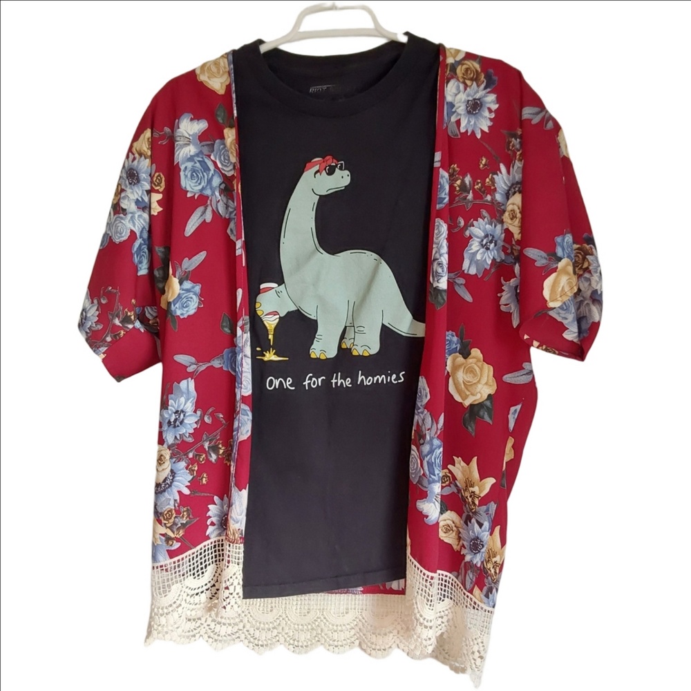 Floral Kimono and Graphic Tee Set Riot Society "One For The Homies"